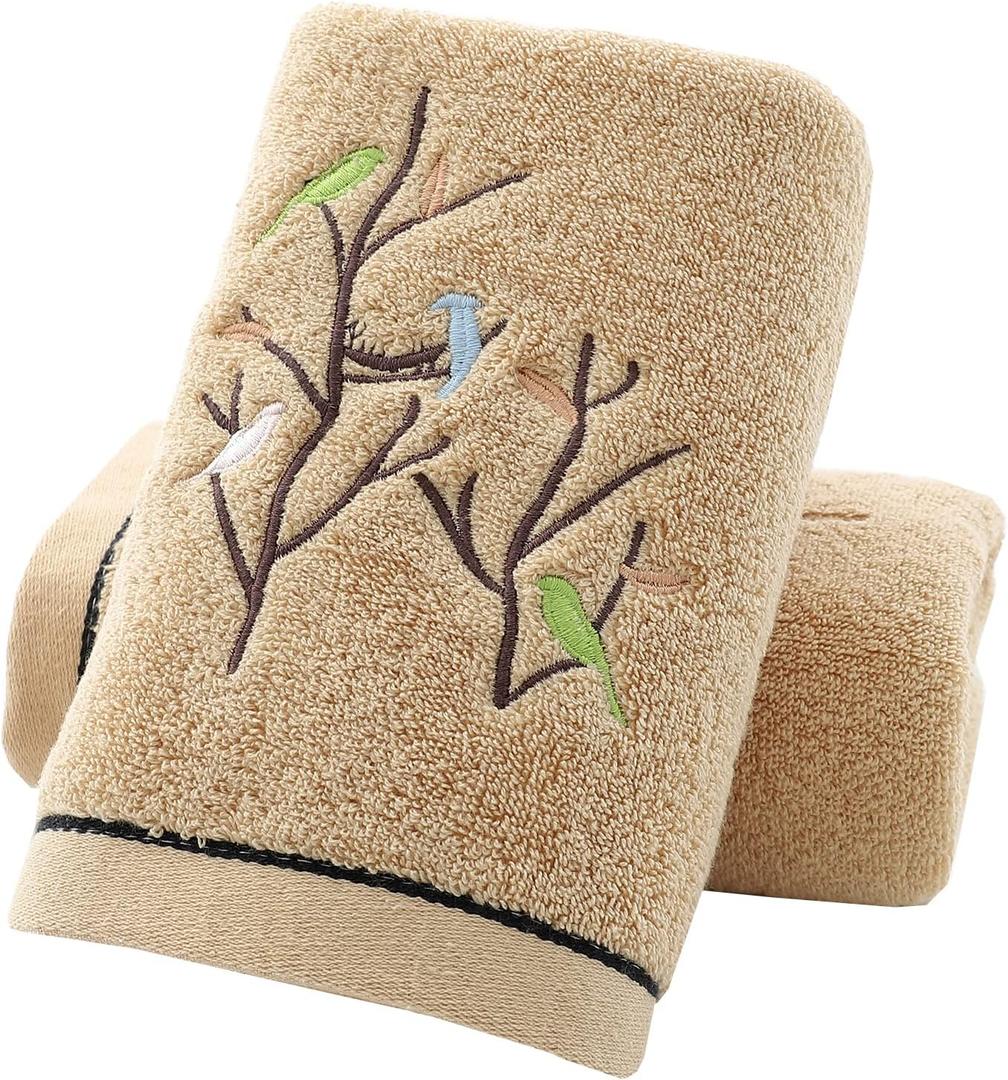 Pidada Hand Towels Set of 2 Embroidered Bird Tree Pattern 100% Cotton Absorbent Soft Decorative Towel for Bathroom (Brown)