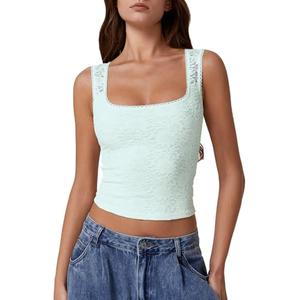 QINSEN Lace Top for Womens Square Neck Slimming Fit Lace Trim Cami Tops Camisole Airy Blue L
