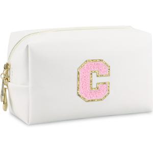 Initial Makeup Bag,Personalized preppy bag Waterproof PU Leather Chenille Letter Cosmetic Bag,Portable Travel Toiletry Bag Monogram Birthday Gift for Women Girls Mom Friends (Letter C) (White)