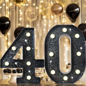 8.8" Decorative LED Light Up Numbers, Glitter Marquee Numbers Lights for 40th Birthday Decorations, Shiny Lighted Number Sign for Birthday Party Wedding Anniversary Home Decor, Glitter Black 40