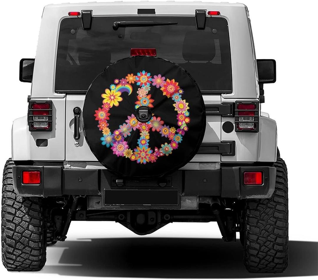 Foruidea Colorful Peace Flower Spare Tire Cover with Backup Camera Hole Wheel Tire Cover Fit Trailer, RV, SUV and Many Vehicle 17inch
