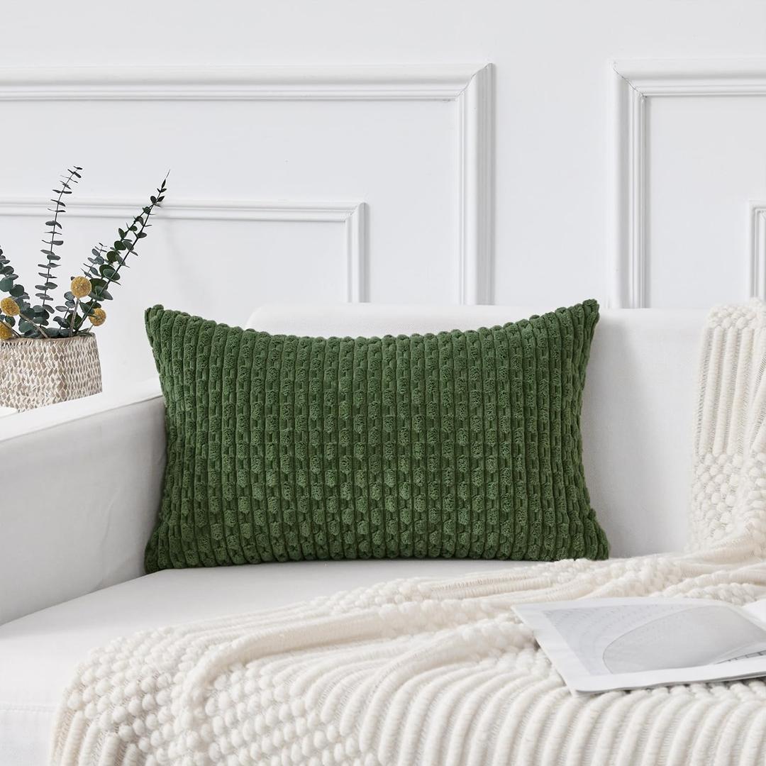 Kevin Textile Spring 12x20 Inch Pillow Cover 1 Pack Boho Decorative Soft Striped Corduroy Lumbar Farmhouse Solid Color Accent Rectangle Cushion Case for Living Room Couch Sofa Bed, Moss Green