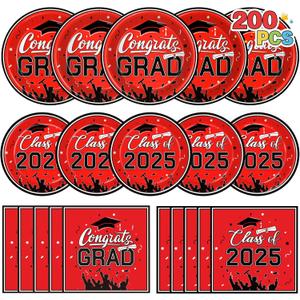 200Pcs Graduation Party Plates and Napkins, 2025 Graduation Party Supplies Red and Black Disposable Paper Plates Cocktail Napkins Luncheon Napkins for Congrats Grad Party Decorations, Serves 50
