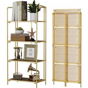 Crofy No Assembly Folding Bookshelf for Living Room, 4 Tier Gold Collapsible Book Shelf for Home Office, Portable Bookcase Storage Organizer