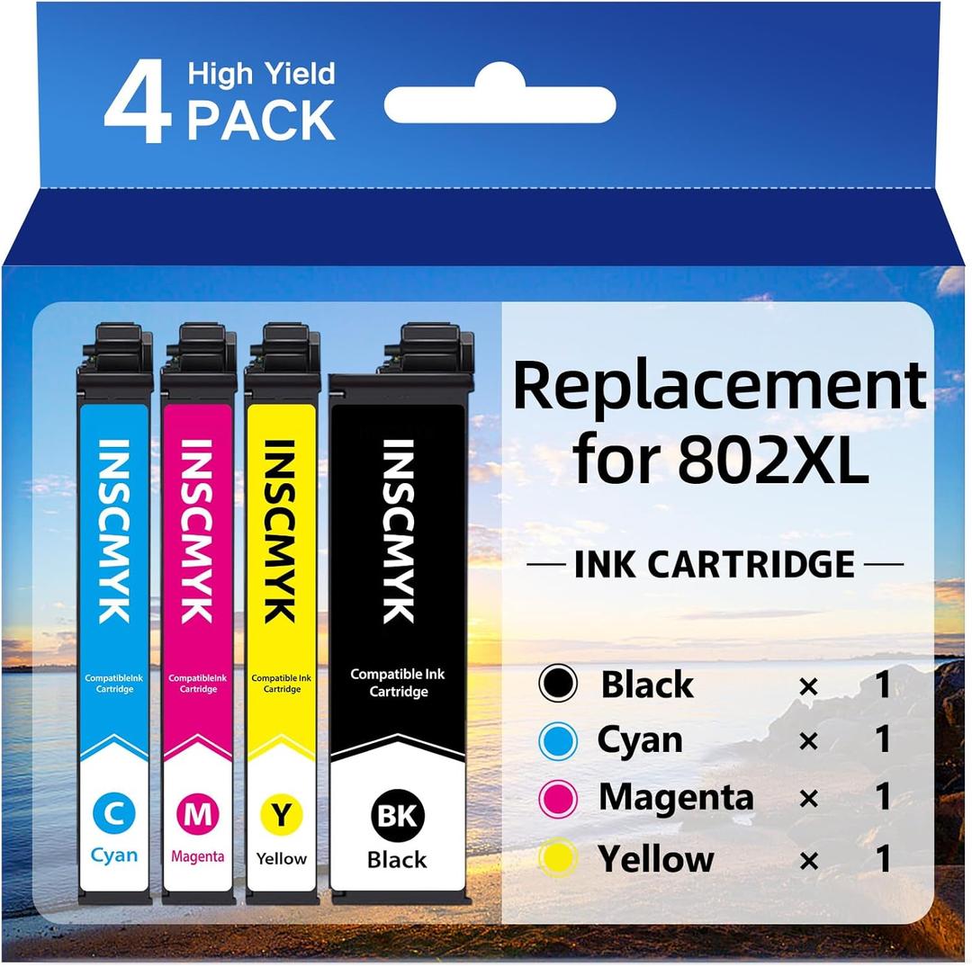 Remanufactured Replacement for 802XL Ink Cartridges for Epson Printer Replacement for Epson 802XL Ink Cartridges for Epson WF-4734 WF-4730 WF-4720 WF-4740 EC-4040 EC-4030 EC-4020 Printer (4 Pack)