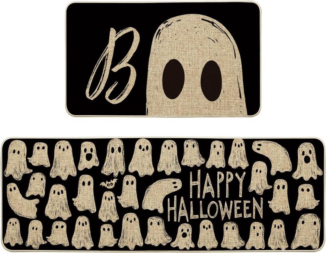 Artoid Mode Boo Ghosts Bat Happy Halloween Kitchen Mats Set of 2, Low-Profile Home Decor Kitchen Rugs for Floor - 17x29 and 17x47 Inch
