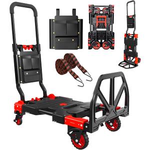 Folding Hand Truck, 2 in 1 Portable Heavy Duty Carrying Moving Dolly Cart with 4 Foldable Wheels and Retractable Handle Duty 330lbs (Red)