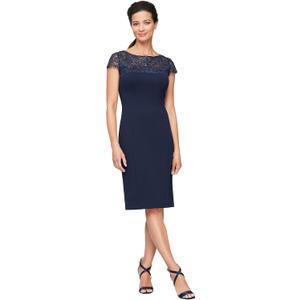 Alex Evenings Women's Short Embroidered Cocktail Dress, Wedding Guest (14, Navy Crepe)
