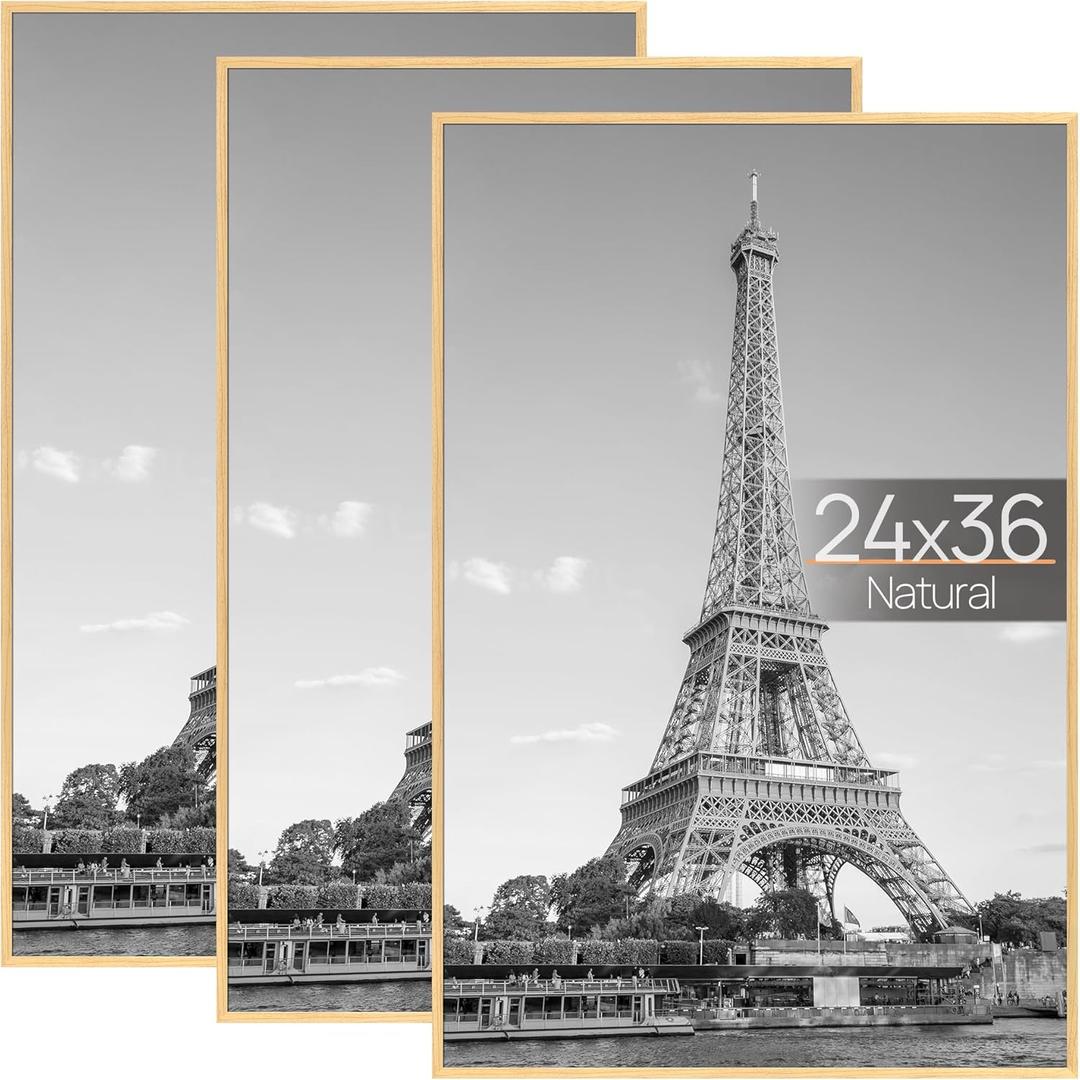 upsimples 24x36 Poster Frame Natural 3 Pack, Scratch-Proof Picture Frames 24 x 36 for Photo Gallery - Slide-In Strips, Horizontal or Vertical Wall Mounting