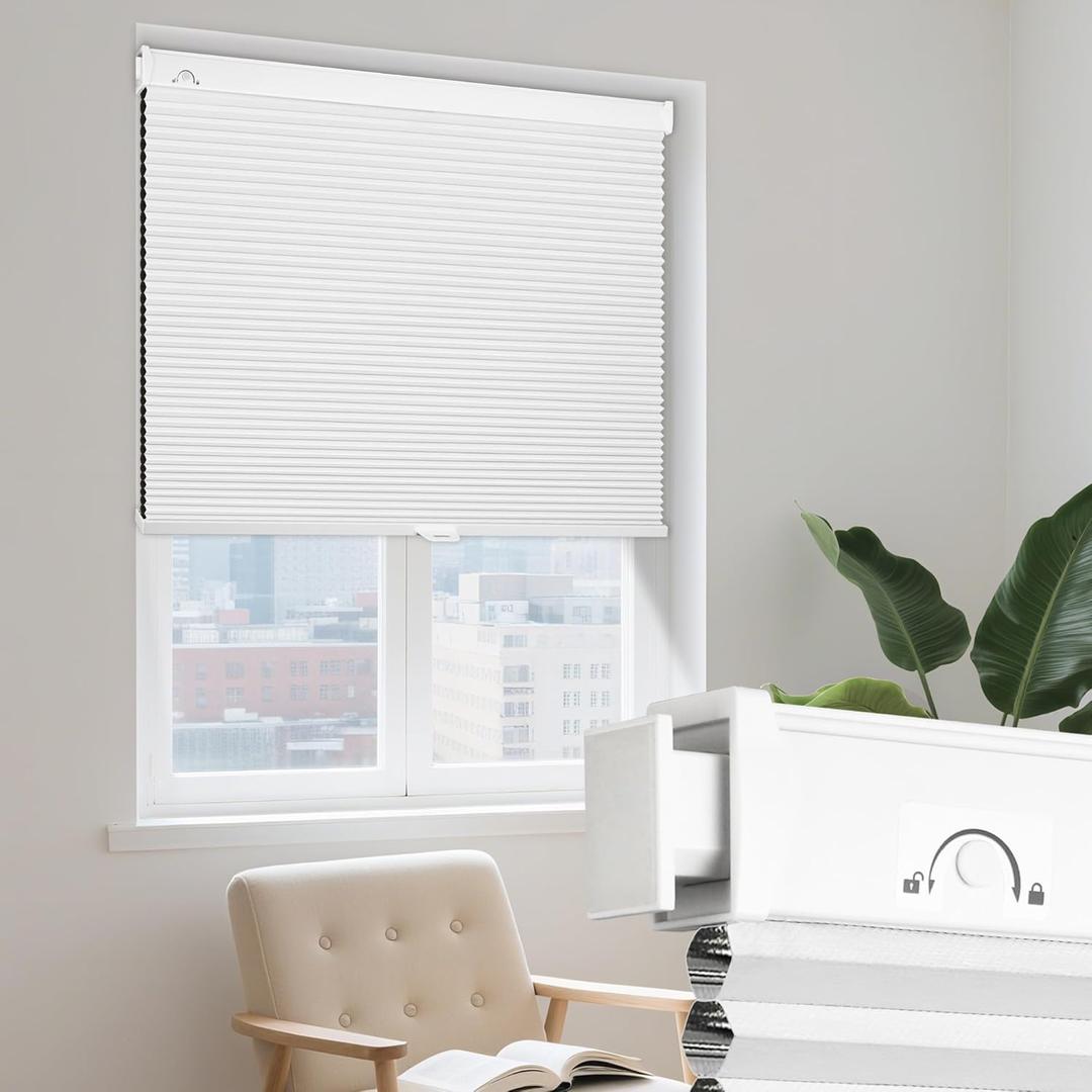 Grandekor No Drill Cellular Shades for Windows,Cordless Window Blinds for Indoor Windows,Blackout Honeycomb Shades,Thermal Insulated Noise Reduction,34" W x 64" H,Blackout-White-White