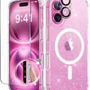 BERFY Magnetic for iPhone 16 Case, [Compatible with Magsafe], with Screen Protector + Camera Lens Protector, [Non-Yellowing] Clear Sparkly Shockproof Hard Phone Case for Women 6.1", Shiny Clear