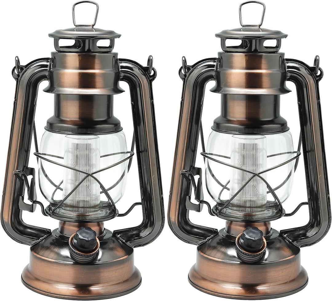 YAKii LED Vintage Lantern Metal Hanging Hurricane 12 LED Dimmer Switch Warm White Battery Operated Power Outage Indoor Camping Lighting Outdoor Brooklyn (Copper 2 Pack)
