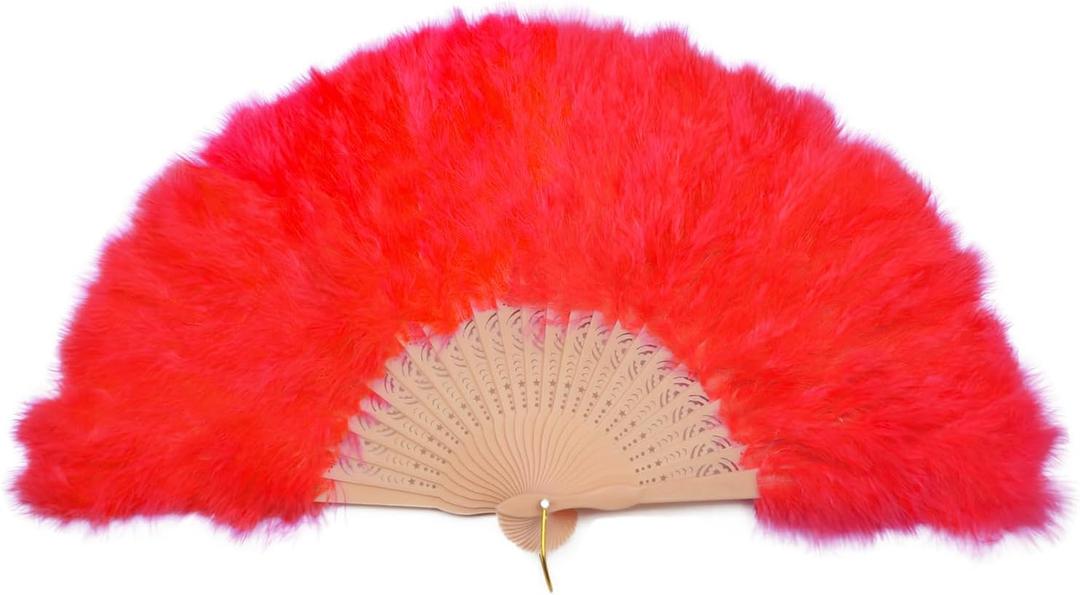 Huralona 1920s Vintage Style Folding Handheld Flapper Feather Hand Fan (Red)