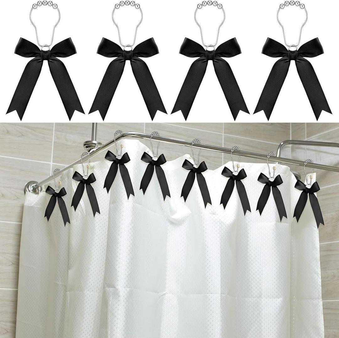 12 Pcs Black Bow Shower Curtain Hooks Cute Bow Knot Ribbon Curtain Hooks Decorative Shower Rings Hanger Bathroom Decor Bathroom Accessories for Room Nursery Art
