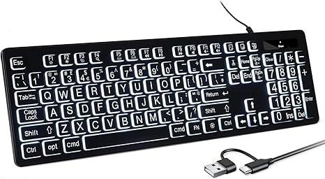 Large Print White Illuminated LED Backlit Keyboard for Mac, Full Size Computer Keyboards with Numeric Keypad Compatible with Apple Mac Pro/Mini, MacBook Pro/Air, iMac (Black, Large)