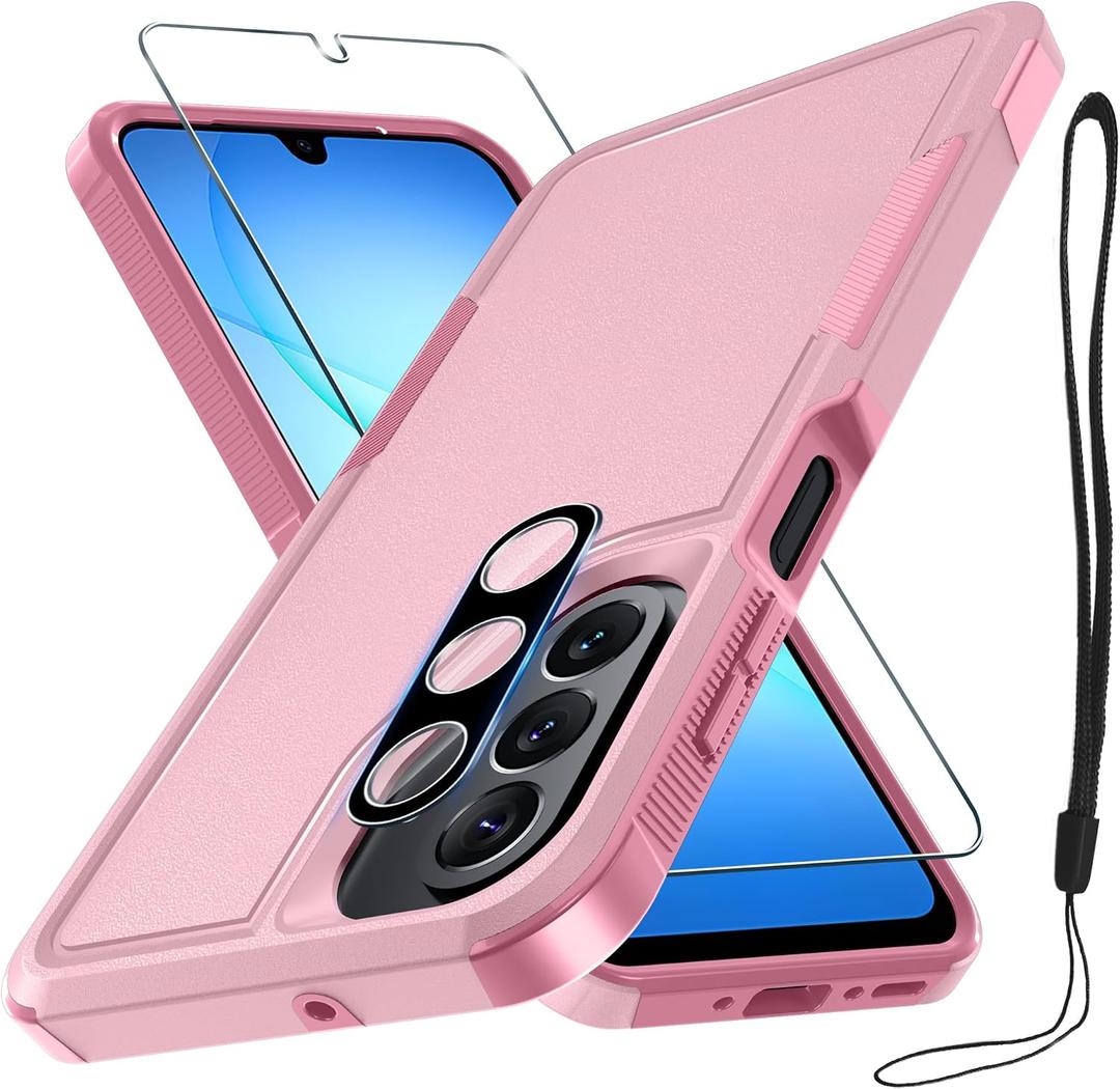 RMOCR Case for Samsung Galaxy A17 5G Phone Cover with Screen Protector+Camera Lens Cover,Military Grade Heavy Duty Shockproof PhoneCase with Wrist Lanyard Strap for Sam A17,Cute Pink