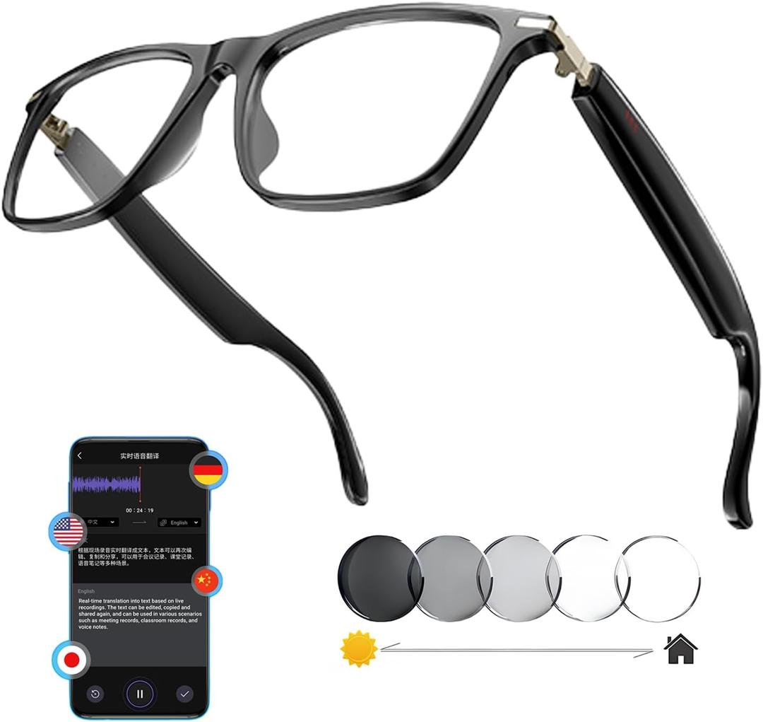 Smart Translation Glasses, AI Bluetooth Audio Eyewear with Real-Time Translator for 140+ Languages, Open-Ear Speakers & Mic for Business, Travel and Driving, Unisex, Black