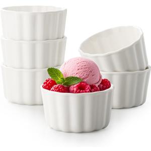 8 oz Small Dessert Bowls, Ramekins Oven Safe, Ceramic Small Serving Bowls for Dessert, Snacks, Creme Brulee, Ice Cream, Set of 6, White