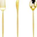 PULOTE 150PCS Gold Plastic Silverware Disposable - Heavy Duty Gold Plastic Cutlery - Gold Plastic Utensils Set Include 50 Knives,50 Forks,50 Spoons for Party&Wedding