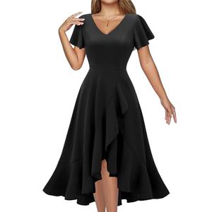 DRESSTELLS Women's Cocktail Dresses, Semi Formal Wedding Guest Graduation Vintage Tea Party Mother Bride Fit Flare Evening Ruffle Baby Shower Summer Prom Dress Black L