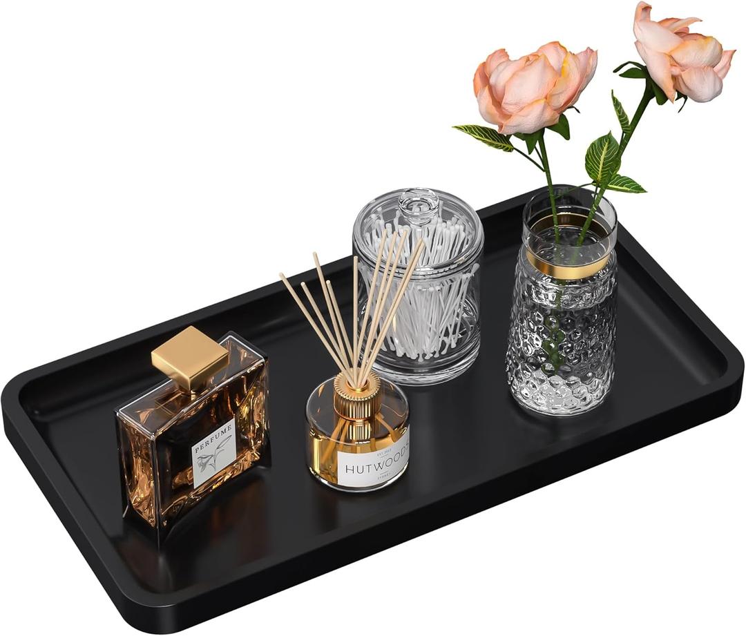 Bathroom Vanity Tray for Countertop - Bamboo Organizer Tray for Dresser Tops, Toilet, Perfume Small Decorative Wood Tray for Home Decoration 11.4 L x 6.1 W x 0.7 H (Black)