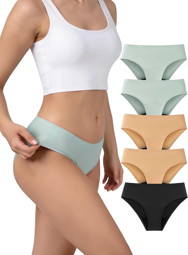 TIICHOO Period Underwear Heavy Flow Seamless Period Bikini Panties for Women 5 Pack (Medium, Black/ 2 Beige/ 2 Smoke Green)