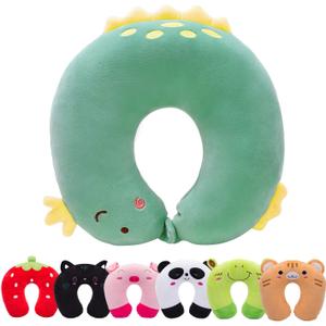 H HOMEWINS Travel Pillow for Kids,Cute Animal Toddler Neck Pillow for Boys Girls,Soft Neck Head Chin Support Pillow,Travel Accessories for Airplane, Car, Train,Recline (Green Dinosaur)