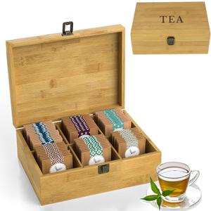 Tea Organizer Box Food Safe Chemical Free Bamboo Wood Storage Chest Big, Tall, Adjustable Cubbies (6-Slot 11" x 8.1" x 4.2" with TEA stamp design)