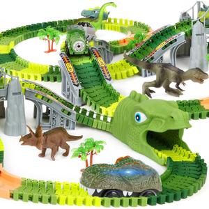 Flexible Dinosaur World Road Race, 277 PCS Dinosaur Race Car Track Set, Dinosaur Track Toys, for 3 4 5 6 7 Year & Up Old Boys