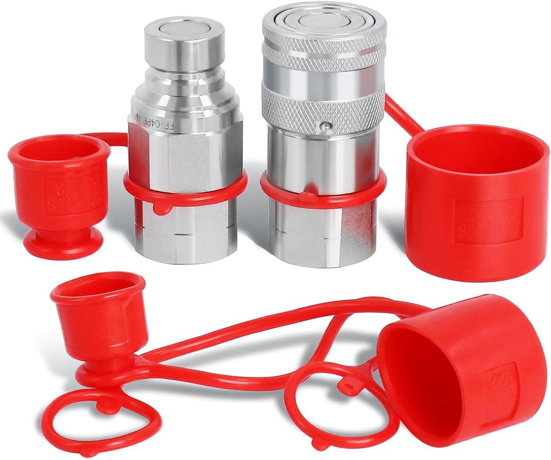1/2" NPT Flat Face Hydraulic Couplers, Skid Steer Bobcat Quick Connect Fittings with Dust Covers(ISO16028) (Red)