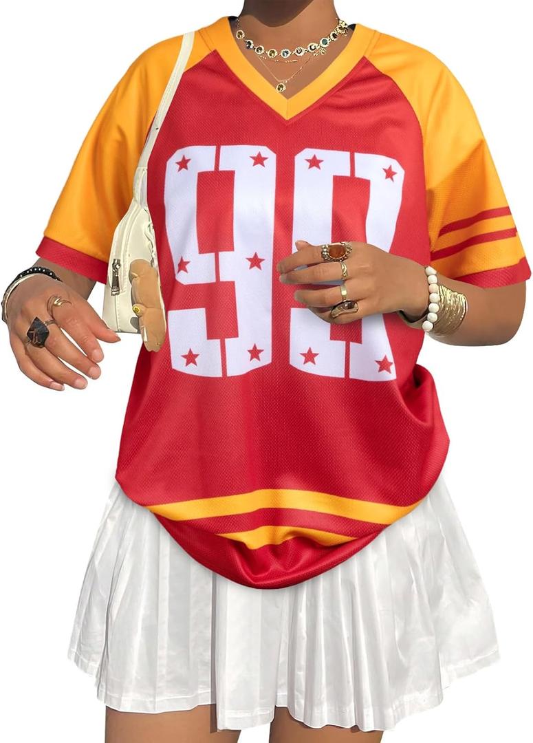 Jersey Shirts for Women Oversized Number Graphic Jersey Shirt Y2k Streetwear V Neck Short Sleeve Tee Tops (L)