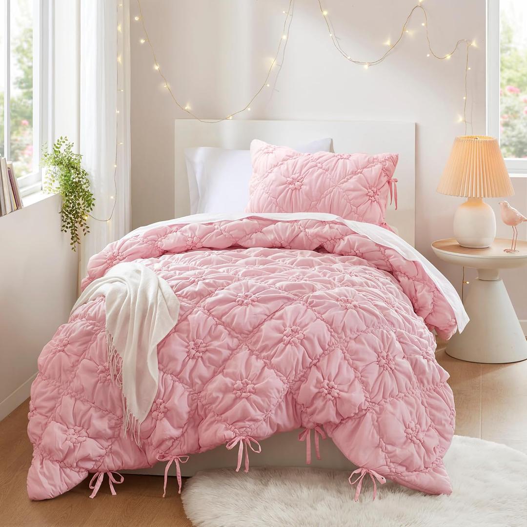 Intelligent Design Twin Comforter Set  Pink Lily Puffy Floral Shabby Chic Boho Bedding for Girls, Ultra-Soft, Lightweight & All-Season, Twin