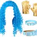 4 Pcs Halloween Costume Accessory Blue Curly Wig and Leather Choker PU Leather Belt Punk Gloves for Women Adult Cosplay