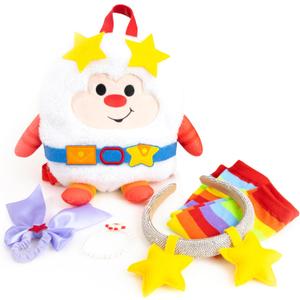 Rainbow Brite 6-Piece Set with adjustable Plush Backpack, Sparkle Star Headband, Rainbow Arm Warmers, Purple Bow Hair Tie, Sprite Bracelet. One size/Adults, Kids. Great for costumes, cosplay, dress up