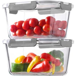 HOMBERKING 4 Pieces 63oz/8cup Large Glass Food Storage Containers with Lids, Meal Prep Containers, Airtight Bento Boxes with Leak Proof Locking (2 Containers 2 Lids), Microwave,Oven,Fridge Safe-Grey