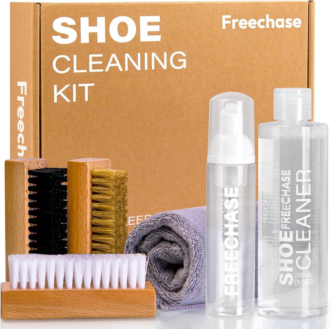 Shoe Cleaner Kit for Sneaker - 8.5 Oz Shoe Cleaning Kit with Shoe Brushes & Towel, White Sneaker Cleaner Kit, Shoe Cleaner for Tennis Shoe Suede Mesh Knit Leather Shoe, and Most Materials (Brown)