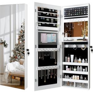 Wall/Door Mounted Jewelry Armoire Organizer Full-length Mirror Storage Cabinet, White, 42x15 in