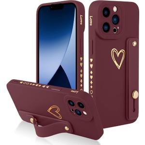 Fiyart Designed for iPhone 14 Pro Case with Phone Stand Holder Cute Love Hearts Pattern Slim Protective Camera Protection Cover with Wrist Strap for Women Girls for iPhone 14 Pro 6.1"-Wine Red