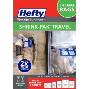 Hefty Shrink-Pak Large Travel Bags - Airtight Storage Bags for Maximum Space Saving, Travel Essentials, Ideal for Packing, Durable, Reliable Compression with Sealed Protection