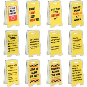 24 Pack Funny Office Desk Signs, Mini Acrylic Yellow Caution Desk Signs Office Decorations for Coworker Women Men Boss and Employee Appreciation Gifts