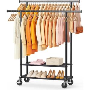 Double Rods Clothes Rack, Rolling Clothing Rack for Hanging Clothes Closet Rack with Wheels, Metal Portable Garment Rack with Double Shelves for Bedroom Laundry Living Room, Matte Black