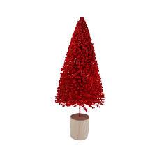 Holiday Home Christmas Bottle Brush Tree With Wood Stand 4 Green and 1 Red