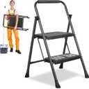 2 Step Ladder, Protable Steel Folding Stool with Wide Anti-Slip Pedal, 500lbs Sturdy Steel Ladder, Black