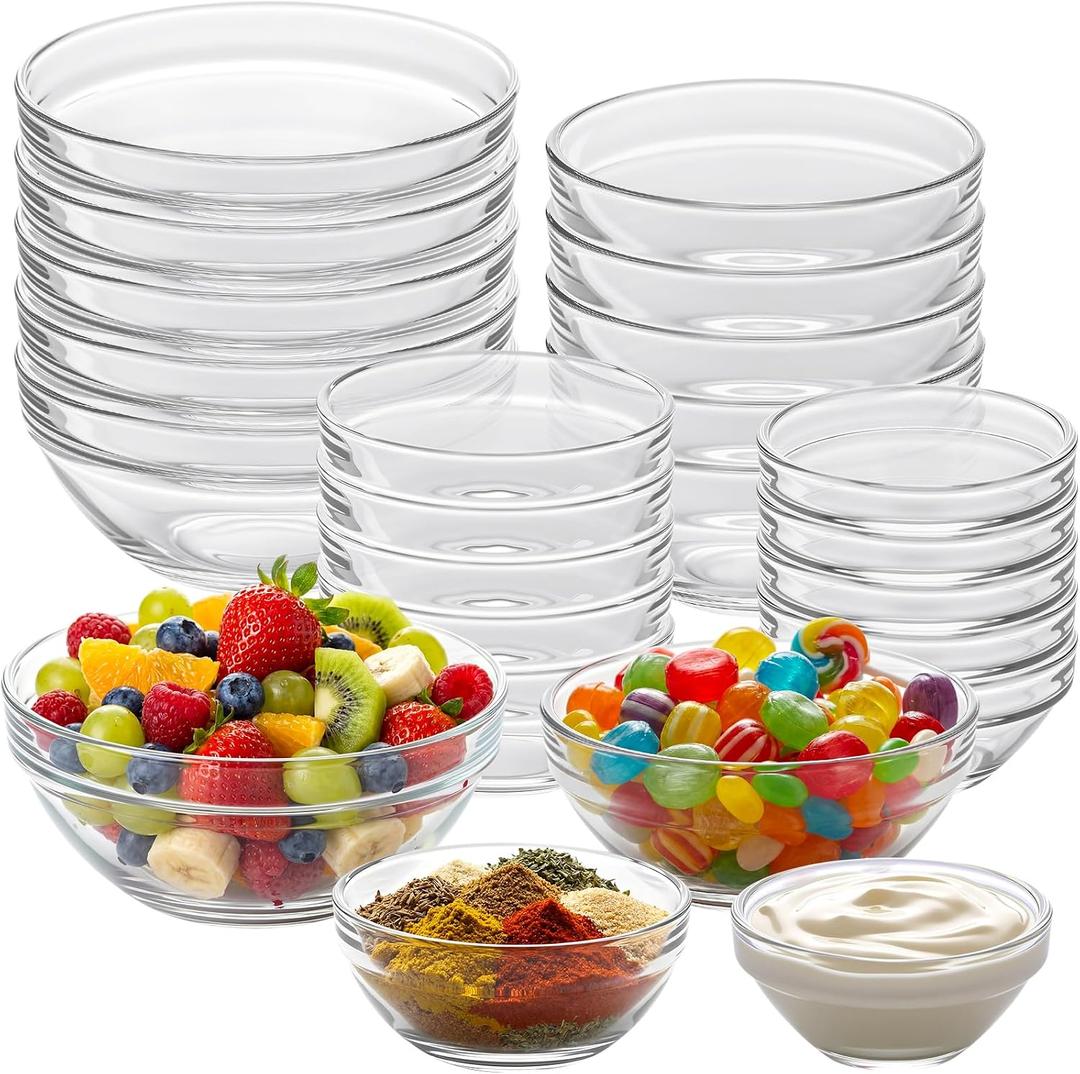 LemonRoad 20 Pcs Glass Prep Bowls Sets 4 Sizes 2.5/4.5/8.5/12.9 oz Cooking Clear Small Prep Pinch Bowls Mini Stackable for Toppings, Kitchen, Salt, Spices, Dipping, Baking & Meal
