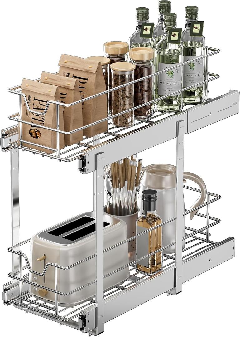 EZKAZA Pull Out Cabinet Organizer for Kitchen Utensil 9.5" W x 21" D, 2-Tier Cabinet Pullout Shelves and Drawer Organizer Slide Out Pantry Storage Basket, Bottom Basket 8.2" W x 20.4" D x 4.7" H