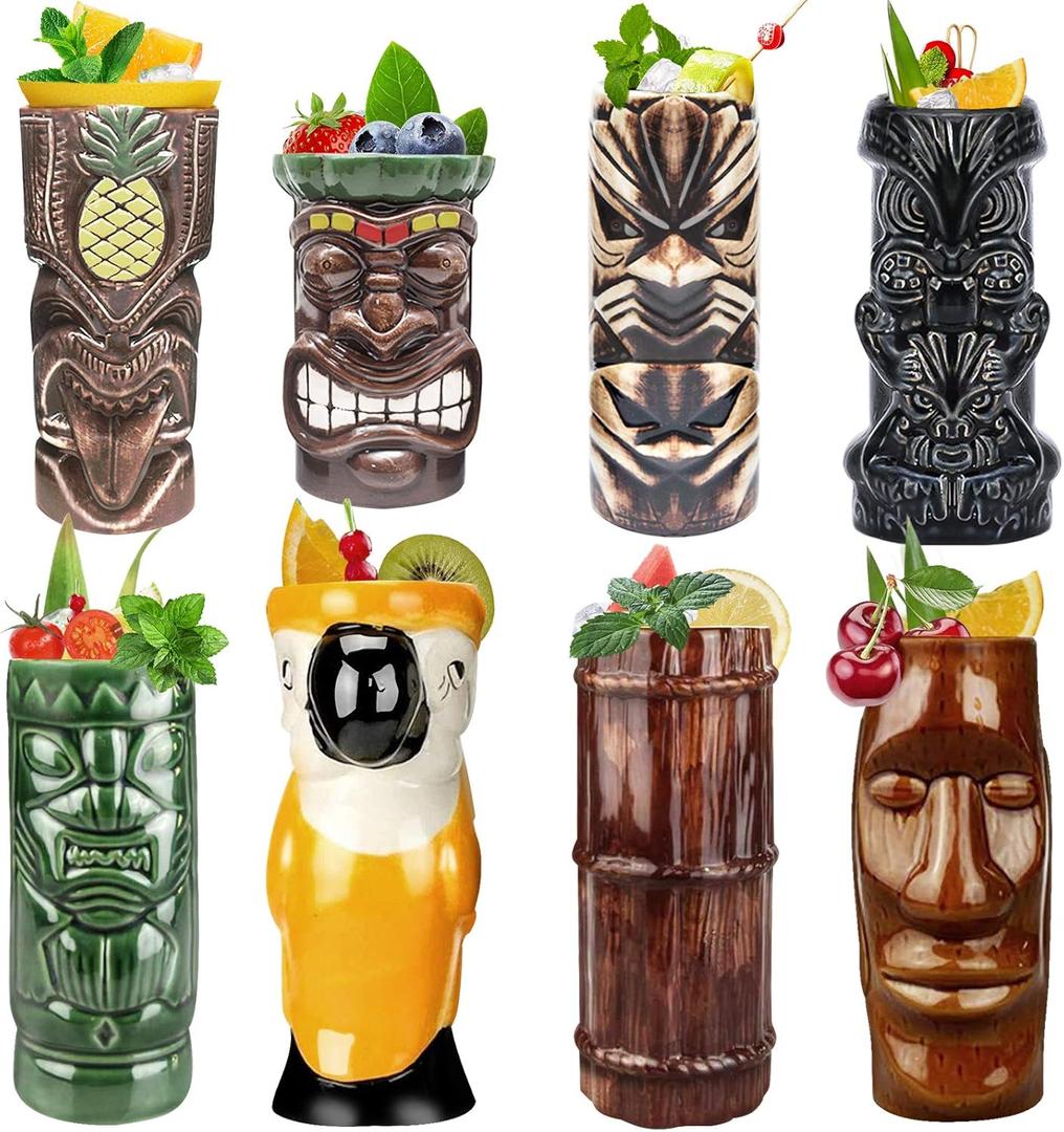 LINALL Tiki Mugs Cocktail Set of 8 - Ceramic TIKI Mugs Hawaiian Party Cute Exotic Cocktail Glasses Hawaiian TIKI Mug - TKSET0080 (8pcs)