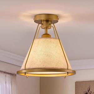 Gold Semi Flush Mount Ceiling Light Fixture with Fabric Shade Modern Bedroom Light Fixture Farmhose Close to Ceiling Light for Living Room Kitchen Hallway Entryway
