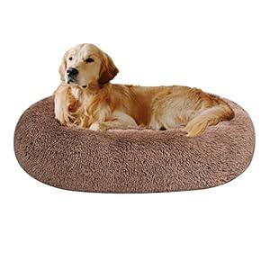 Coohom Oval Calming Donut Cuddler Dog Bed, Shag Faux Fur Cat Bed Washable Round Pillow Pet Bed(30"/ 36"/ 43'') for Small Medium Dogs (XL(36"x27"x7"), Camel)