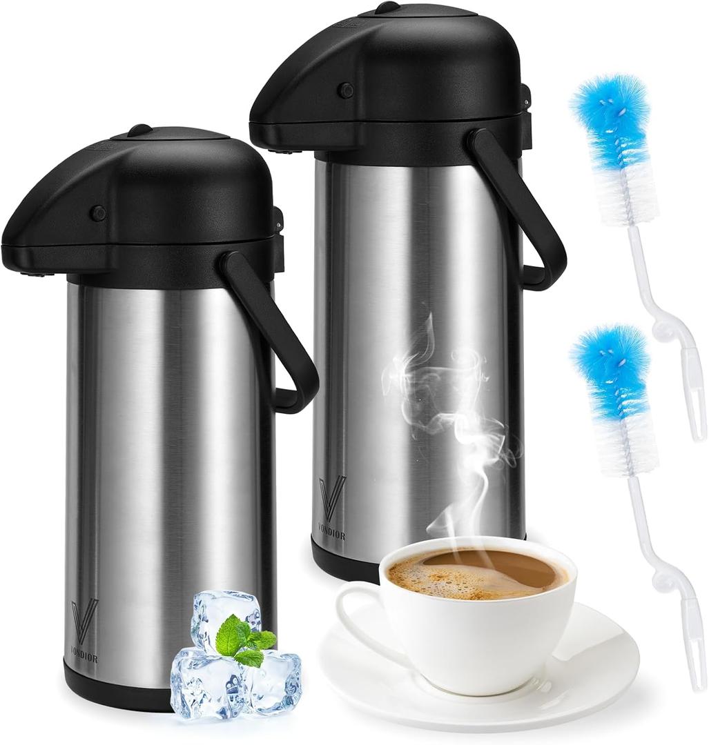 VONDIOR Airpot Coffee Dispenser with Pump - 2Pcs 102 oz Insulated Stainless Steel Coffee Carafe - Thermal Beverage Dispenser - Coffee Urn for Hot/Cold Water, Party Chocolate Drinks