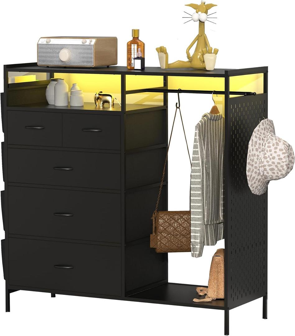 5-Drawer Wardrobe Dresser for Bedroom with Clothes Rack & Side Pockets, Wood Top Organizer with Charging Station & LED Lights, Sturdy Steel Frame  Ideal for Nursery, Closet, Hallway Storage (Black)